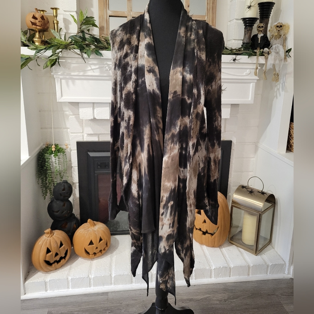 XCVI Earthy Black Marbled Tone Open Waterfall Front Cardigan Size Small